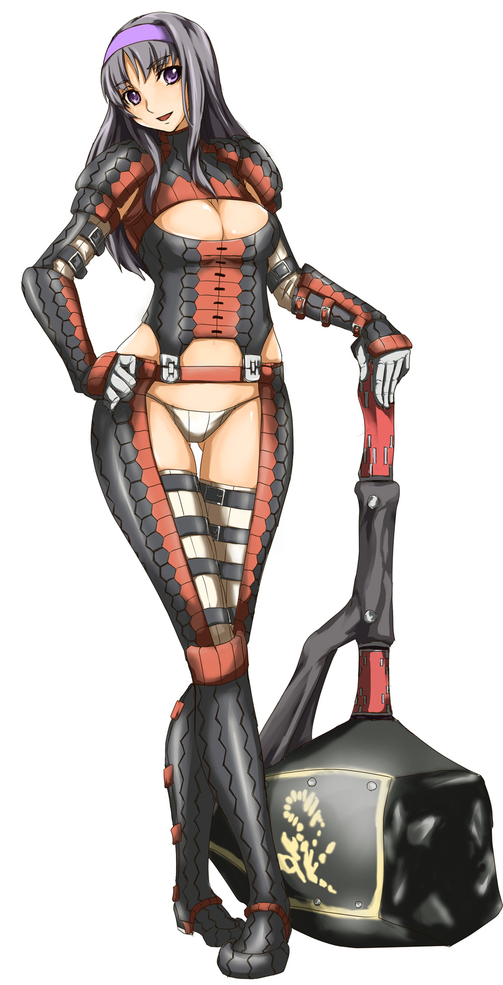 afurichin, capcom, monster hunter (series), highres, 1girl, black eyes, black hair, breasts, cleavage, female focus, gypceros (armor), hammer, huge weapon, large breasts, long hair, simple background, solo, toned, toned female, weapon