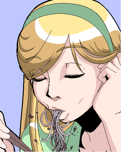 fjt (fjym2), fjym2, bad id, bad pixiv id, lowres, 1girl, adjusting hair, blonde hair, closed eyes, eating, female focus, food, noodles, oekaki, sexually suggestive, solo