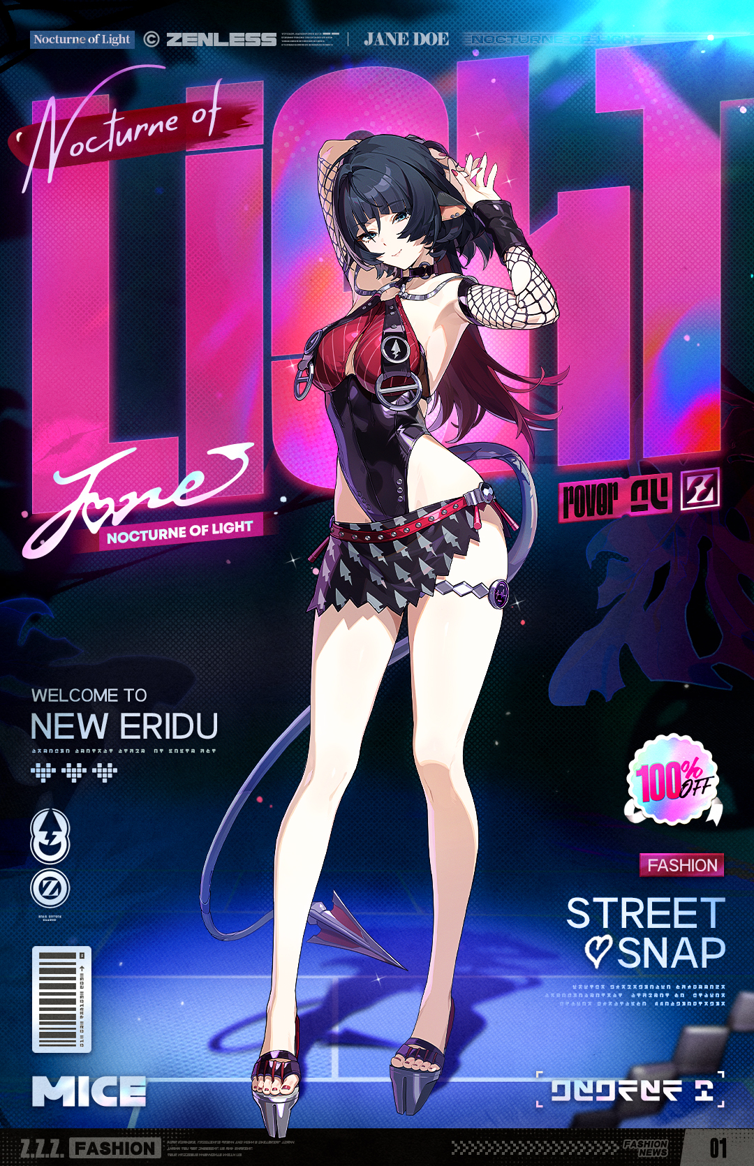 jane doe (nocturne of light) (zenless zone zero), jane doe (zenless zone zero), zenless zone zero, commentary, english commentary, highres, official art, 1girl, animal ears, black hair, black one-piece swimsuit, breasts, character name, fishnets, full body, green eyes, highleg, looking at viewer, mouse ears, mouse girl, mouse tail, multicolored hair, o-ring, o-ring swimsuit, official alternate costume, one-piece swimsuit, red hair, red one-piece swimsuit, revealing clothes, skirt, smile, solo, swimsuit, tail