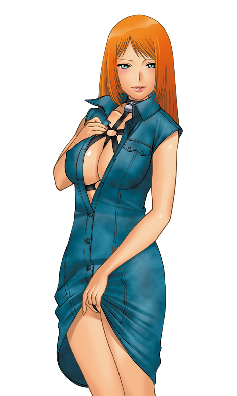 tamaki nozomu, 1girl, bdsm, blue eyes, bondage, bound, breasts, brown hair, cleavage, clothes lift, collar, female focus, harness, large breasts, long hair, simple background, skirt, skirt lift, solo, white background