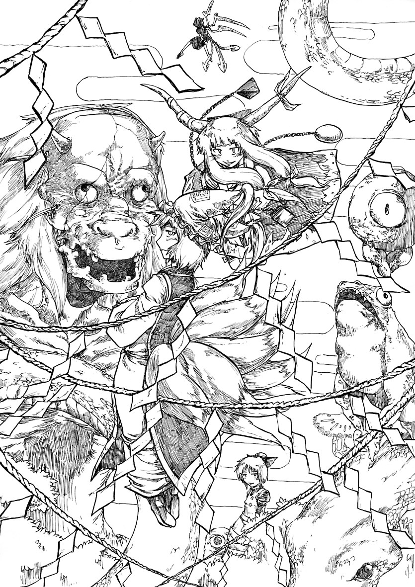 pandemonium, houjuu nue, ibuki suika, kurodani yamame, yakumo ran, touhou, nib pen (medium), pen (medium), traditional media, 4girls, dress, eyeball, female focus, frog, greyscale, hat, monochrome, multiple girls, oni, rope, shide, snake, white background