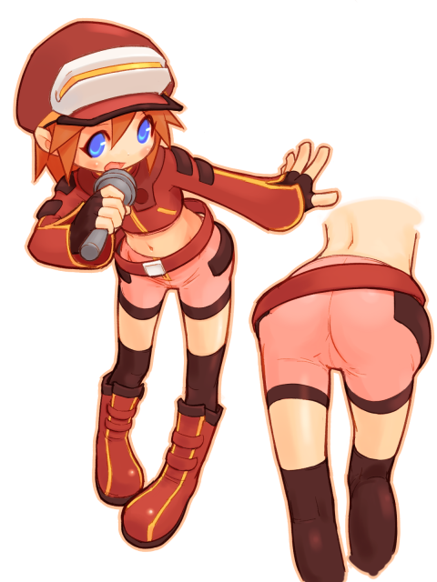 0123456789, haruka (saru getchu), saru getchu, 1girl, ass, belt, belt skirt, bike shorts, blue eyes, boots, cameltoe, hat, loli, microphone, orange hair, shorts, thighhighs