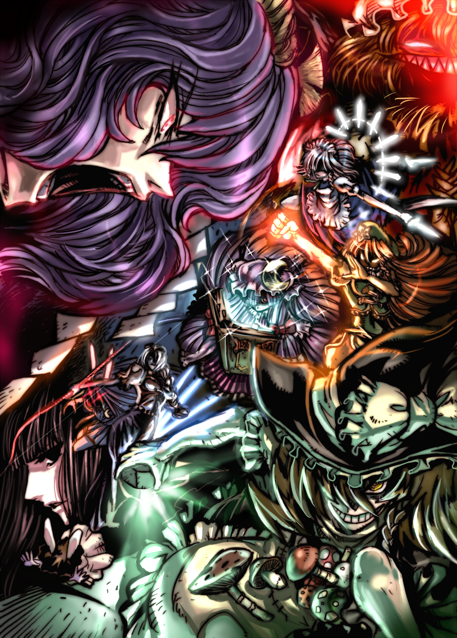 warainaku, flandre scarlet, hong meiling, houraisan kaguya, inaba tewi, izayoi sakuya, kirisame marisa, patchouli knowledge, reisen udongein inaba, yagokoro eirin, yakumo ran, yasaka kanako, touhou, bad id, bad pixiv id, highres, 6+girls, clenched hand, everyone, evil grin, evil smile, female focus, fighting stance, glowing, grin, hat, mini-hakkero, multiple girls, mushroom, raised fist, sharp teeth, smile, teeth, witch, witch hat