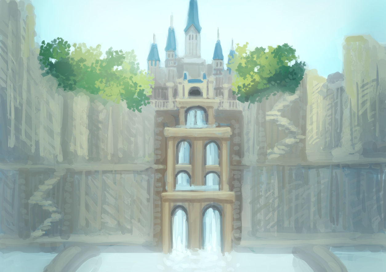 original, commentary, aoi yoru (shikizaki), building, castle, day, impressionism, no humans, outdoors, scenery, tree, water, waterfall