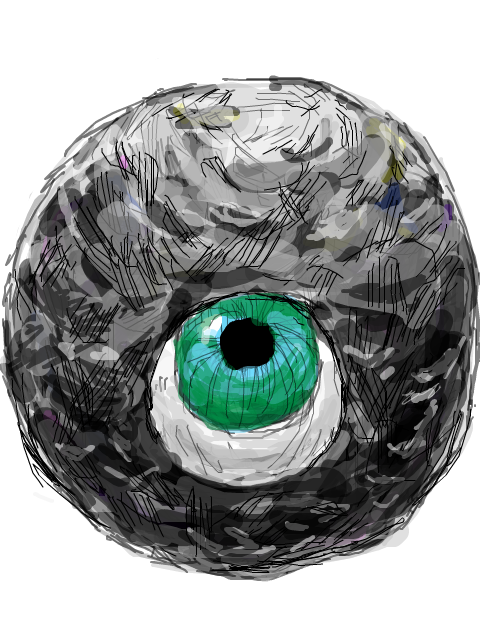 camelot, konpei, wise man, golden sun, 1boy, cyclops, eye focus, green eyes, looking up, male focus, one-eyed, rock, simple background, solo