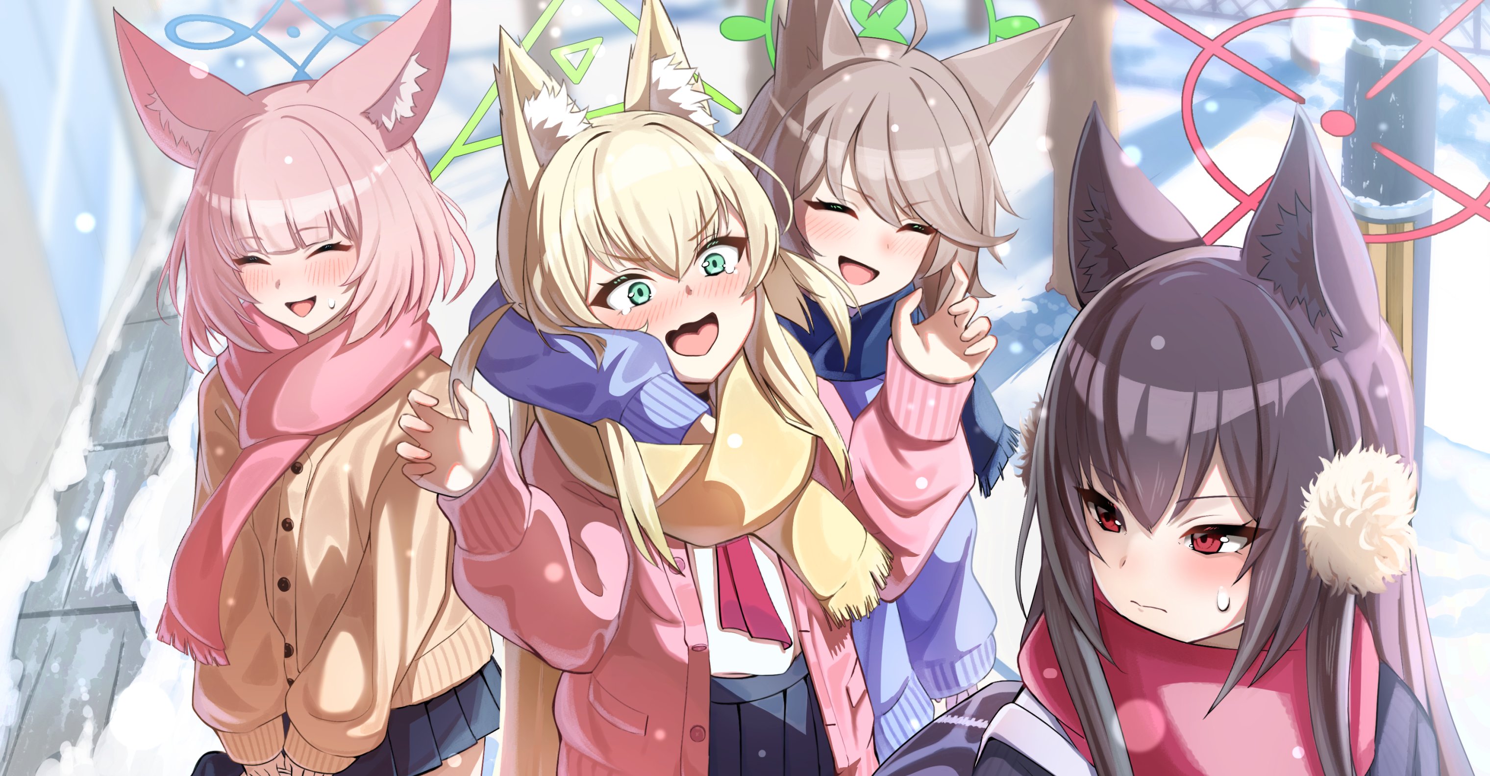 kuromiz, kurumi (blue archive), niko (blue archive), otogi (blue archive), yukino (blue archive), blue archive, highres, 4girls, animal ears, arm around shoulder, ascot, bag, blonde hair, blue eyes, blush, brown hair, cardigan, closed eyes, closed mouth, crying, duffel bag, earmuffs, fox ears, fox girl, halo, multiple girls, open cardigan, open clothes, pink hair, pleated skirt, red eyes, scar, school uniform, serafuku, short hair, short twintails, sidewalk, skirt, snow, snowing, sweat, tree, twintails, winter