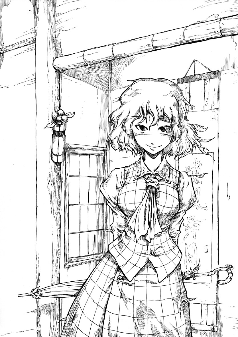 pandemonium, kazami yuuka, touhou, nib pen (medium), pen (medium), traditional media, 1girl, arms behind back, ascot, blush, breasts, closed umbrella, female focus, greyscale, large breasts, monochrome, parasol, plaid clothes, plaid skirt, plaid vest, puffy sleeves, short hair, sign, skirt, skirt set, smile, solo, umbrella, vest