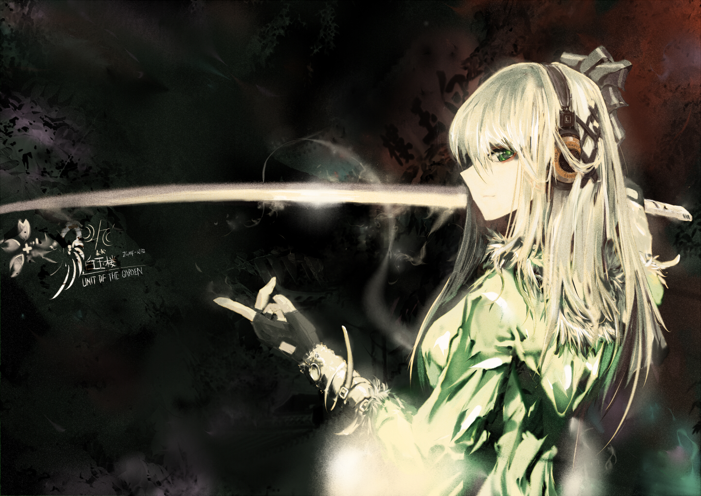 lowlight kirilenko, konpaku youmu, konpaku youmu (ghost), grado labs, touhou, silver hair, bad id, bad pixiv id, 1girl, aged up, alternate hair length, alternate hairstyle, black gloves, buckle, female focus, fingerless gloves, gloves, green eyes, hair ornament, hair ribbon, headphones, hitodama, katana, long hair, profile, ribbon, solo, sword, upper body, weapon