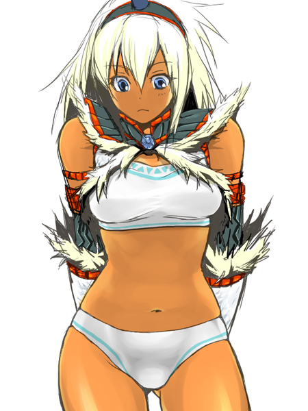 kuma ani, capcom, monster hunter (series), 1girl, bare shoulders, blue eyes, bottomless, dark-skinned female, dark skin, female focus, kirin (armor), navel, no pants, panties, solo, underwear, white hair, white panties