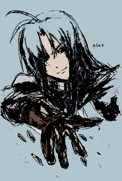 camelot, konpei, alex (golden sun), golden sun, 1boy, antenna hair, blue hair, blue theme, gloves, grin, long hair, male focus, oekaki, sketch, smile, solo