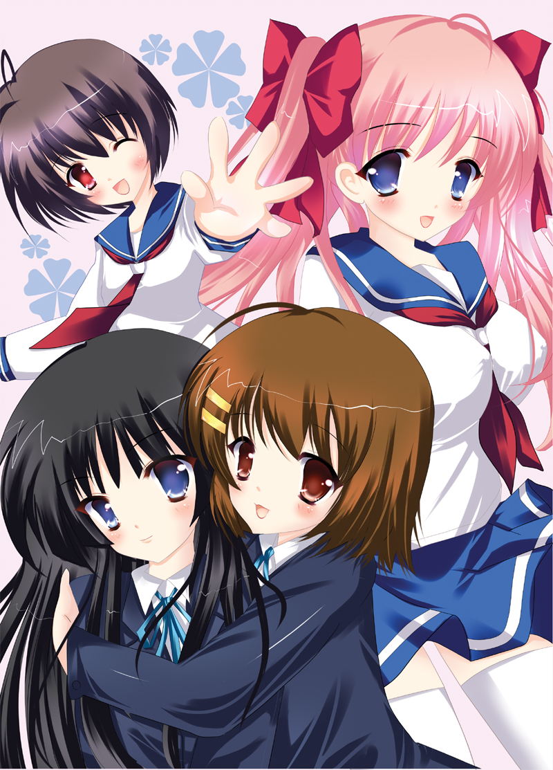 rika-tan (rikatantan), akiyama mio, haramura nodoka, hirasawa yui, miyanaga saki, k-on!, saki (manga), bad id, bad pixiv id, 00s, 4girls, black hair, blue eyes, blush, bow, bowtie, brown eyes, brown hair, crossover, female focus, flower, hair ornament, hair ribbon, hairclip, happy, hug, long hair, multiple girls, one eye closed, open mouth, outstretched arm, red eyes, ribbon, sailor, school uniform, serafuku, short hair, smile, twintails, wink, yuri