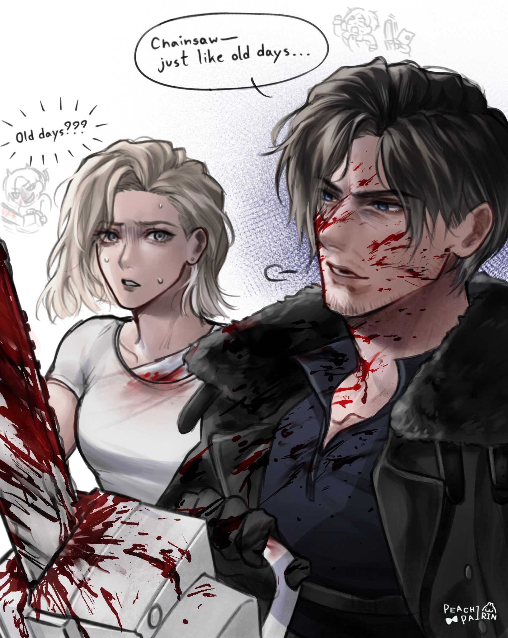 grace ashcroft, leon s. kennedy, resident evil, resident evil requiem, commentary, english commentary, hashtag-only commentary, highres, 1boy, 1girl, artist name, bandaged neck, bandages, beard stubble, black coat, black gloves, black shirt, blonde hair, blood, blood on clothes, blood on face, bloody weapon, breasts, chainsaw, coat, facial hair, fur-trimmed coat, fur trim, gloves, holding, holding chainsaw, medium breasts, parted lips, peachirerin, shirt, short hair, stubble, sweat, swept bangs, t-shirt, weapon, white background, white shirt