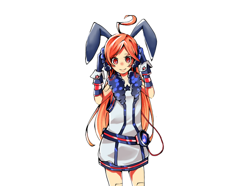 itamidome, itamitome, sf-a2 miki, vocaloid, bad id, bad pixiv id, 1girl, ahoge, animal ears, belt, dress, female focus, gloves, headphones, headset, long hair, rabbit ears, red eyes, red hair, simple background, solo, star (symbol), striped clothes, striped gloves, white background, wrist cuffs