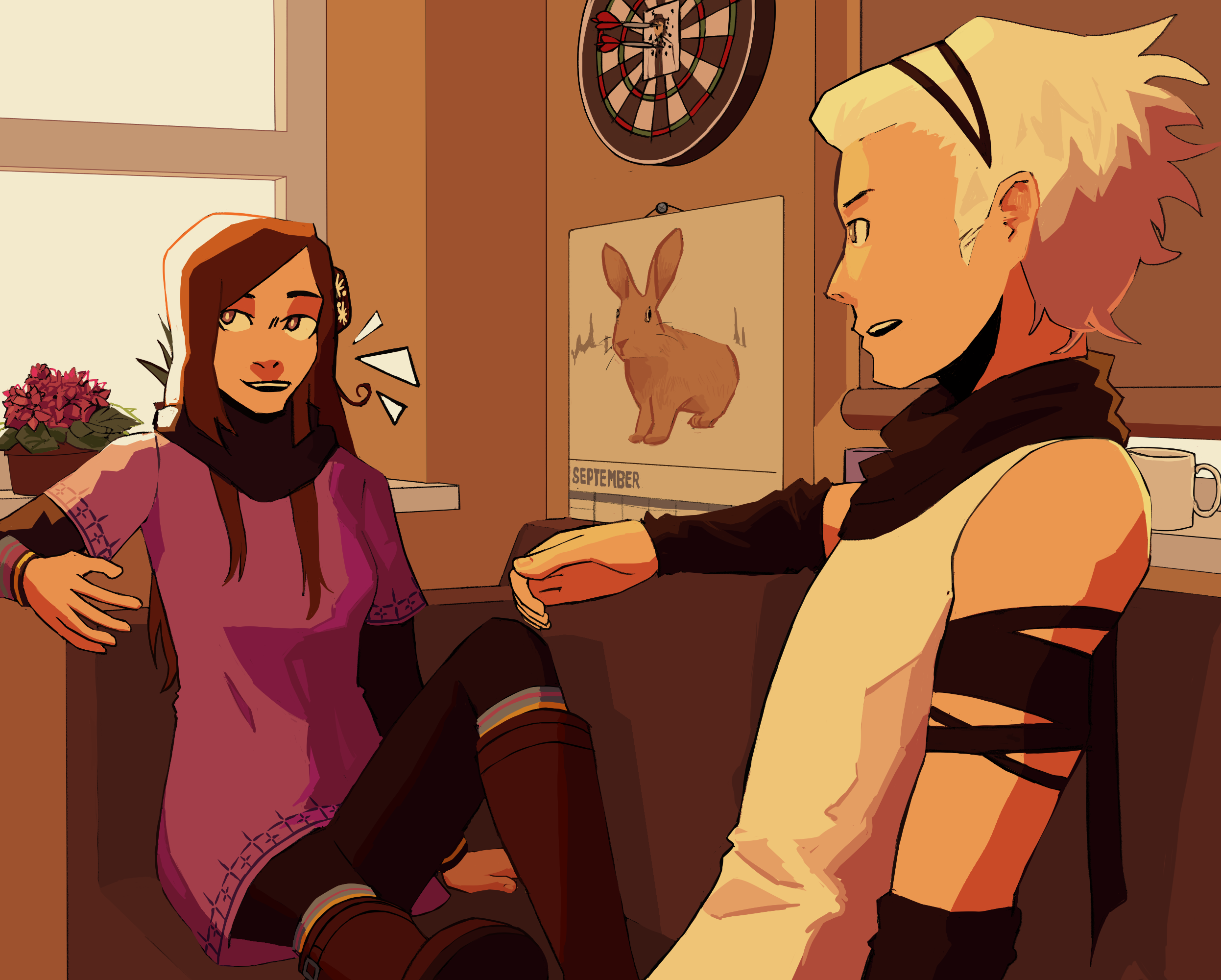 ichimiya (kyokugen dasshutsu), kurashiki akane, santa (kyokugen dasshutsu), kyokugen dasshutsu, kyokugen dasshutsu: 9 jikan 9 nin 9 no tobira, commentary, english commentary, highres, second-party source, 1boy, 1girl, argentsunshine, black arm warmers, black harband, black pantyhose, black scarf, boots, bright pupils, brown boots, brown hair, calendar (object), cup, dart, dartboard, dress, gift art, long hair, mug, open mouth, pantyhose, photo (object), plant, potted plant, purple dress, rabbit, scarf, september, shirt, short hair, sitting, sleeveless, sleeveless shirt, smile, teeth, upper teeth only, white hair, white pupils, white shirt, window