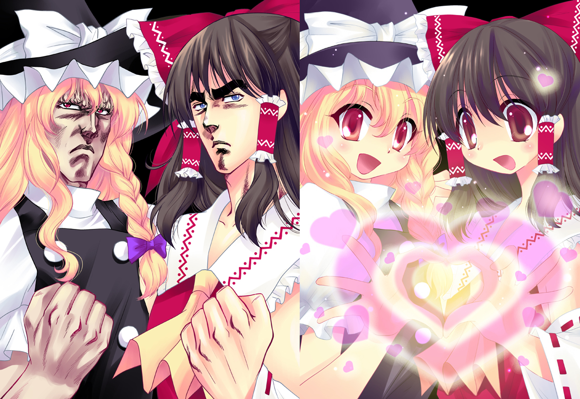 touhou, tagme, 2girls, black background, female focus, multiple girls, multiple views, upper body