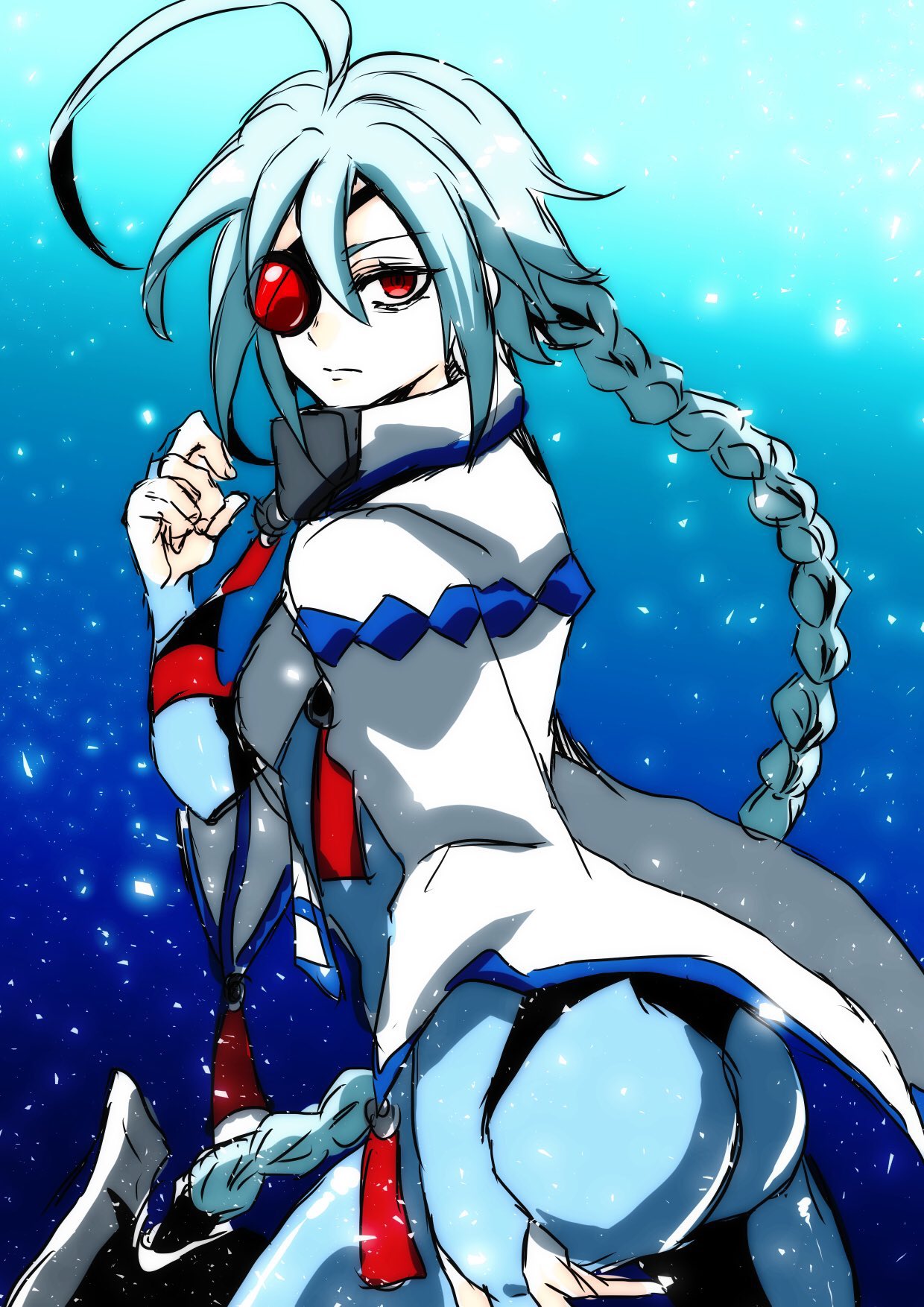 demekin0206, nu-13, blazblue, commentary, highres, 1girl, ahoge, ass, bags under eyes, blue background, blue bodysuit, bodysuit, braid, braided ponytail, bridal gauntlets, cloak, closed mouth, collar, eyepatch, huge ahoge, long hair, looking at viewer, red eyes, single braid, solo, white cloak