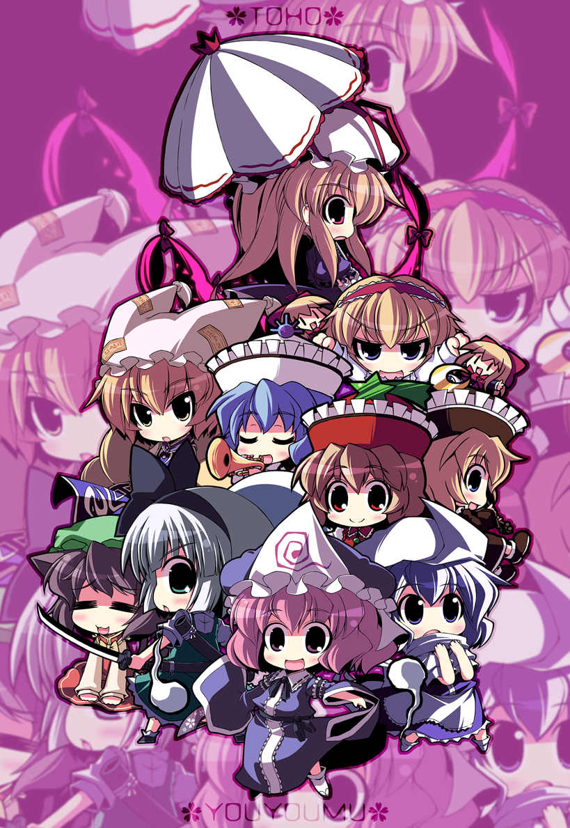 crazy developers, alice margatroid, chen, konpaku youmu, letty whiterock, lunasa prismriver, lyrica prismriver, merlin prismriver, saigyouji yuyuko, shanghai doll, yakumo ran, yakumo yukari, perfect cherry blossom, touhou, 6+girls, blonde hair, everyone, female focus, multiple girls, zoom layer