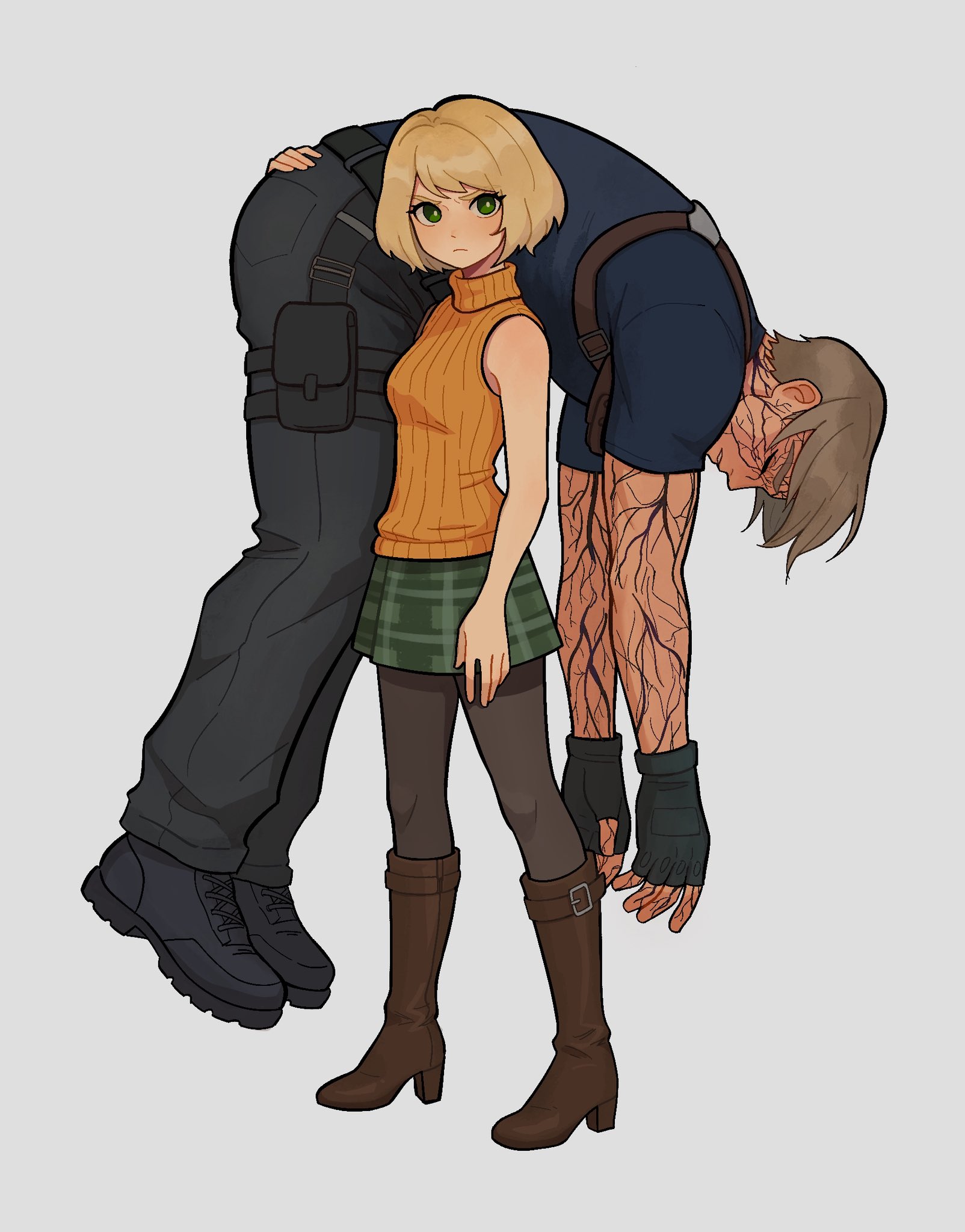 ashley graham, leon s. kennedy, resident evil, resident evil 4, resident evil 4 (remake), commentary, english commentary, highres, 1boy, 1girl, bare arms, bare shoulders, black gloves, black pants, black pantyhose, black shoes, blonde hair, blue shirt, boots, breasts, brown boots, carrying over shoulder, chest harness, closed eyes, fingerless gloves, full body, gloves, green eyes, green skirt, harness, medium breasts, orange sweater, pants, pantyhose, plaid clothes, plaid skirt, ribbed sweater, shirt, shoes, short hair, skirt, sleeveless, sleeveless turtleneck, sweater, turtleneck, veins, veiny arms, veroq77, white background