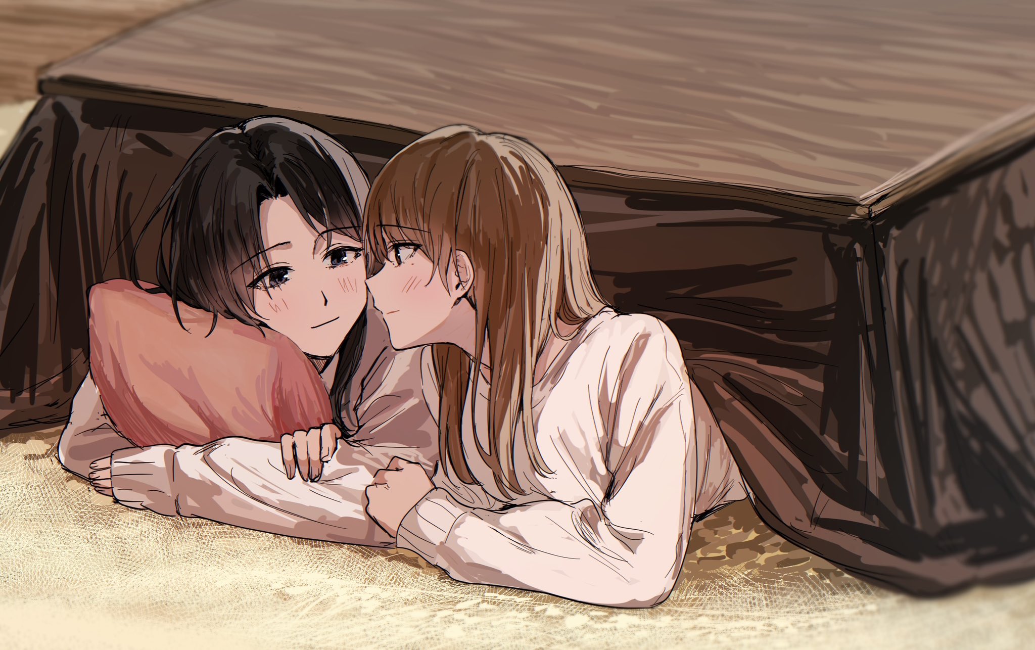 itagaku, original, commentary request, highres, 2girls, black eyes, black hair, blush, brown hair, closed mouth, cushion, eye contact, kotatsu, looking at another, lying, multiple girls, on floor, on stomach, shirt, smile, table, under kotatsu, under table, white shirt, yuri