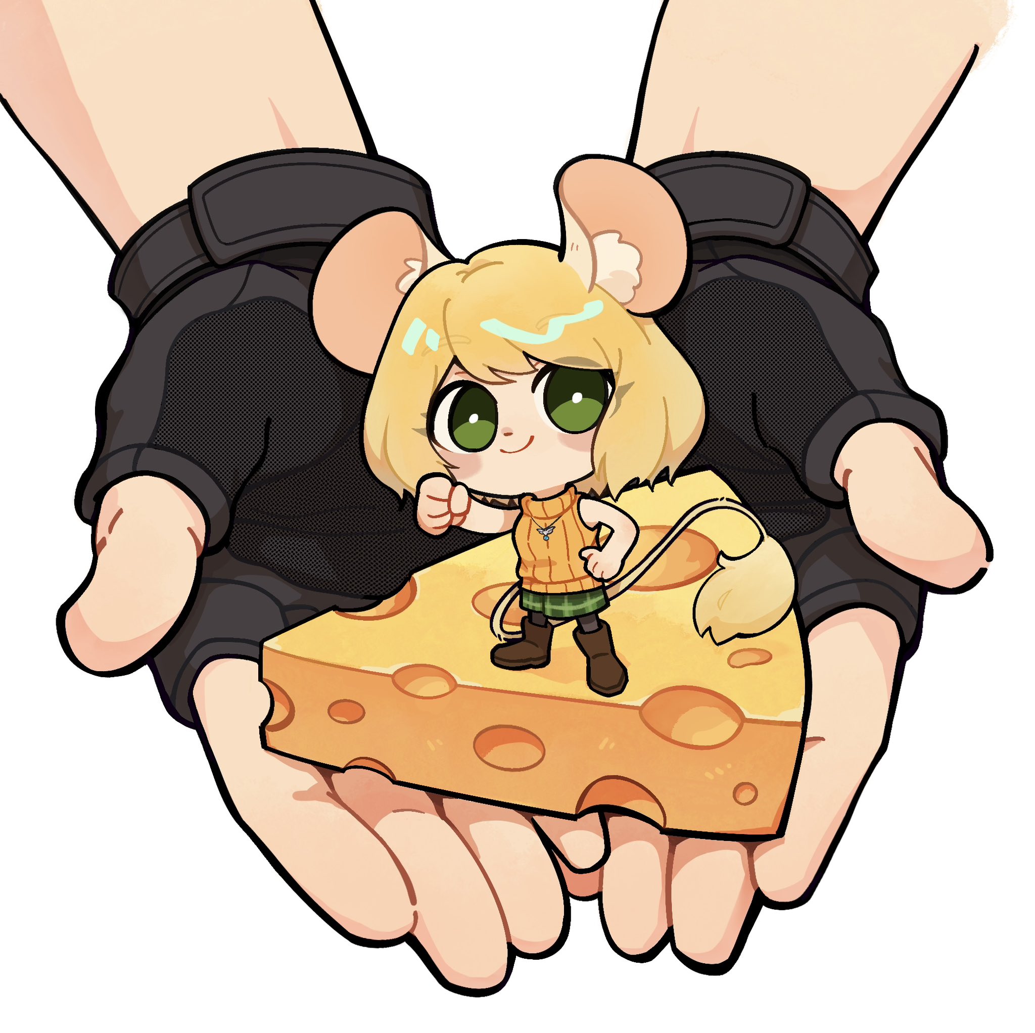 ashley graham, ashley graham (mouse), leon s. kennedy, resident evil, resident evil 4, resident evil 4 (remake), commentary, highres, symbol-only commentary, 1boy, 1girl, animal ears, black gloves, blonde hair, boots, breasts, brown boots, cheese, chibi, fingerless gloves, food, gloves, green eyes, green skirt, hand on own hip, in palm, kemonomimi mode, light blush, medium breasts, mouse ears, mouse girl, mouse tail, orange sweater, plaid clothes, plaid skirt, raised fist, ribbed sweater, short hair, size difference, skirt, sleeveless, sleeveless turtleneck, smile, sweater, tail, turtleneck, veroq77, white background