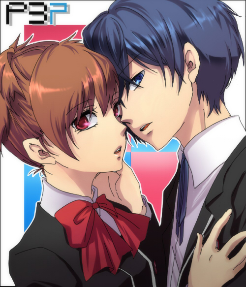 you (kimito), shiomi kotone, yuuki makoto (persona 3), atlus, persona, persona 3, persona 3 portable, 1boy, 1girl, blue eyes, blue hair, brown hair, couple, hetero, imminent kiss, red eyes, school uniform, short hair