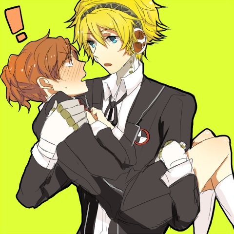 shigure wasa, ws (pixiv), aigis (persona), shiomi kotone, atlus, persona, persona 3, persona 3 portable, bad id, bad pixiv id, lowres, 1boy, 1girl, android, blonde hair, blue eyes, carrying, genderswap, genderswap (ftm), princess carry, short hair, skirt