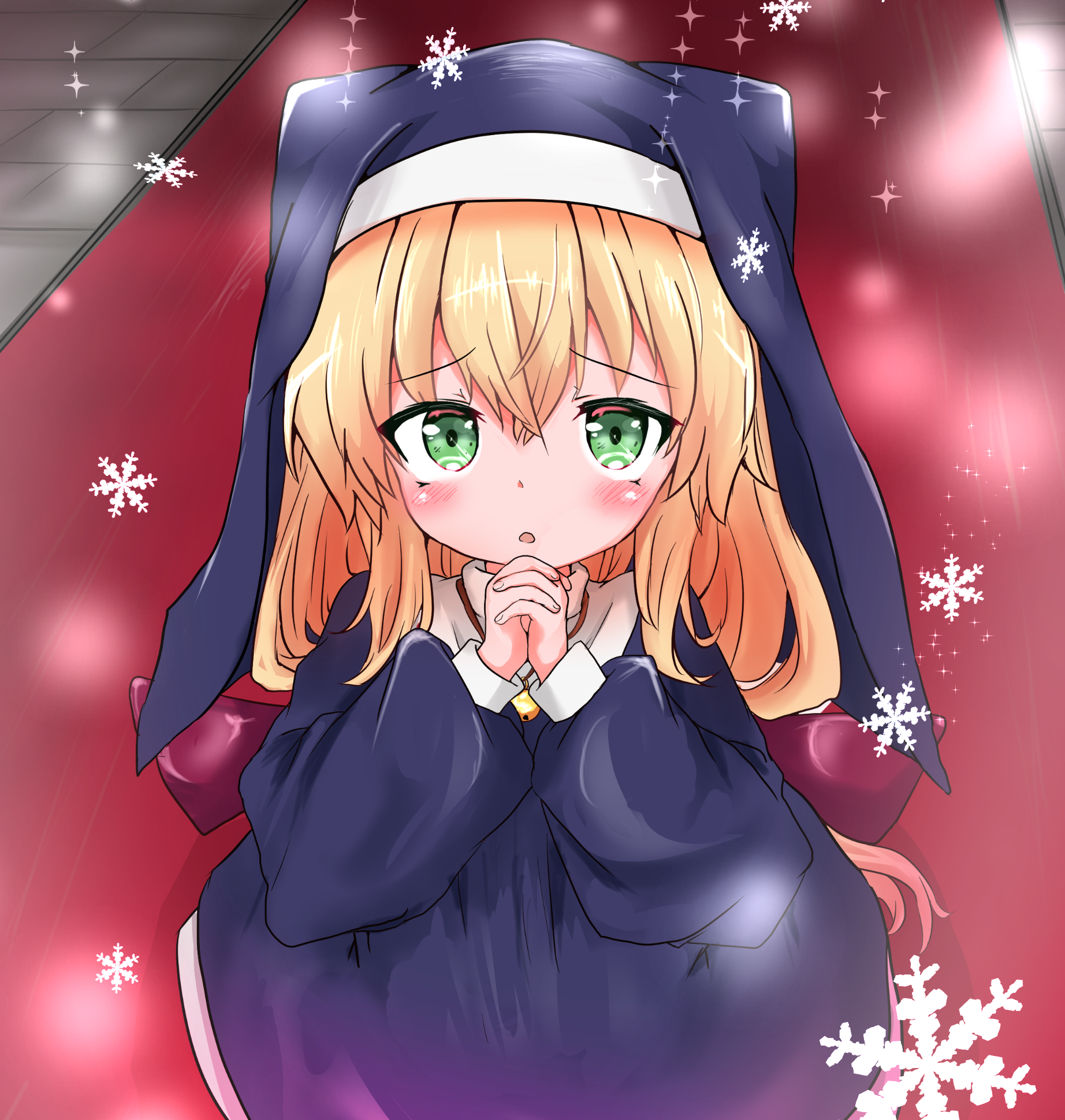 yuu (alsiel), original, commentary, highres, 1girl, blonde hair, blue dress, blush, bow, bowtie, dress, furrowed brow, green eyes, jewelry, kneeling, long hair, looking at viewer, looking up, low-tied long hair, meena (yuu (alsiel)), nun, nun headdress, parted lips, pendant, praying, red bow, red bowtie, red carpet, snowflakes, solo, tile floor, tiles, veil