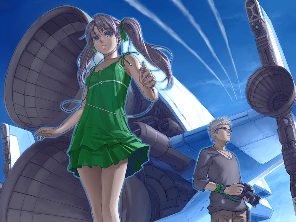 tan taka, original, silver hair, bare shoulders, blue eyes, brown hair, camera, camisole, earbuds, earphones, glasses, long hair, mp3 player, spacecraft, spaceplane, thrusters, twintails
