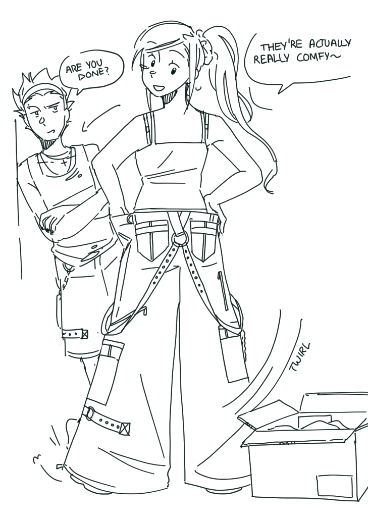 ayellowapple, kurashiki akane, santa (kyokugen dasshutsu), kyokugen dasshutsu, kyokugen dasshutsu: 9 jikan 9 nin 9 no tobira, commentary, english commentary, second-party source, 1boy, 1girl, alternate costume, arrow (symbol), box, crossed arms, eyebrow piercing, eyelashes, face piercing, full body, gift art, greyscale, hairband, hatching (texture), leaning, long hair, monochrome, motion lines, open mouth, pants, piercing, ponytail, short hair, shorts, sidelocks, simple background, smile, sound effects, standing, tank top, white background