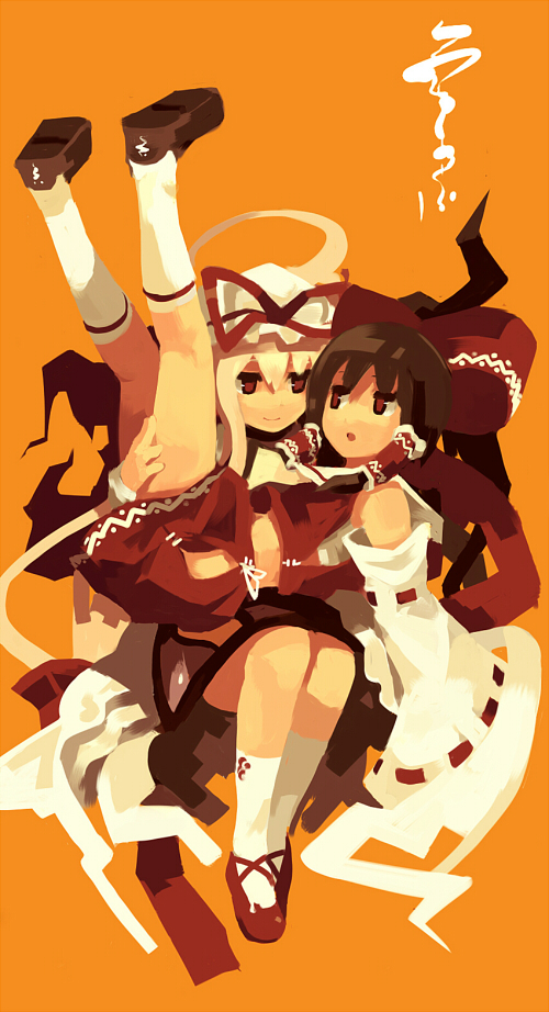 fuukadia (narcolepsy), hakurei reimu, yakumo yukari, touhou, 2girls, black hair, blonde hair, bow, brown hair, carrying, detached sleeves, female focus, hair bow, hair ribbon, hat, japanese clothes, kneehighs, miko, multiple girls, open mouth, princess carry, red eyes, ribbon, socks
