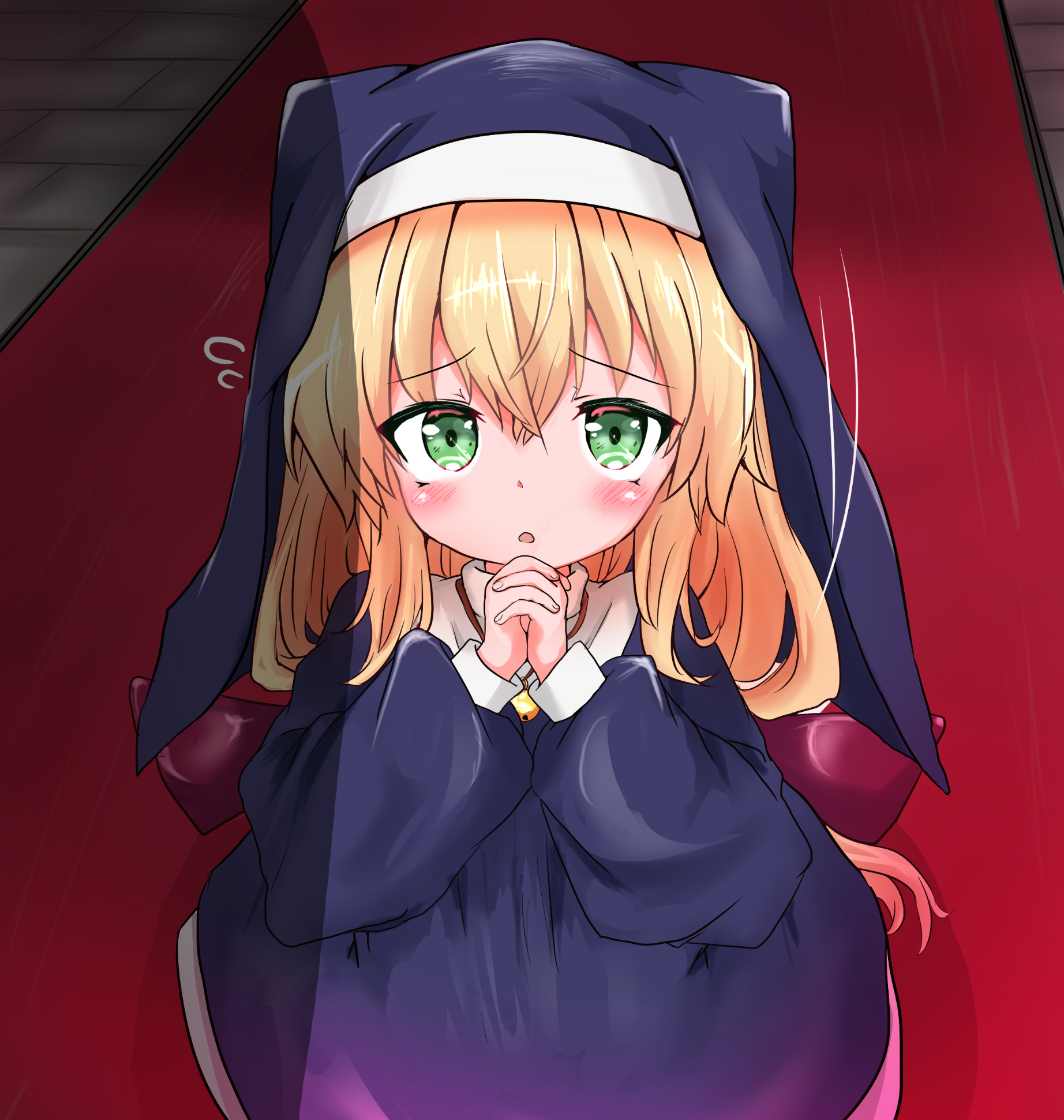 yuu (alsiel), original, commentary, highres, 1girl, blonde hair, blue dress, blush, bow, bowtie, dress, flying sweatdrops, furrowed brow, green eyes, jewelry, kneeling, long hair, looking at viewer, looking up, low-tied long hair, meena (yuu (alsiel)), motion lines, nun, nun headdress, ominous shadow, parted lips, pendant, praying, red bow, red bowtie, red carpet, solo, tile floor, tiles, veil