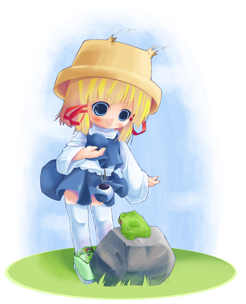 asma, moriya suwako, touhou, bad id, bad pixiv id, 1girl, aged down, blonde hair, blue eyes, breast padding, female focus, frog, full body, hat, nature, outdoors, short hair, sky, solo, thighhighs