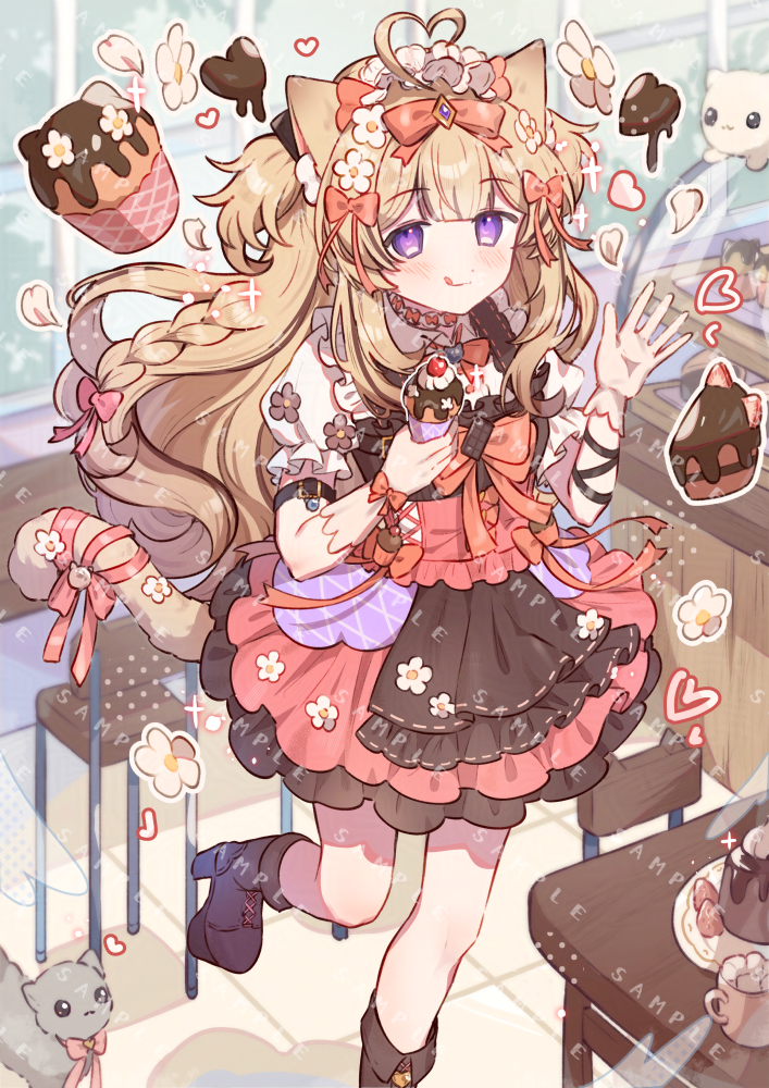 tsukumi bis, character request, commentary request, commission, copyright request, skeb commission, 1girl, :q, ahoge, animal, animal ear fluff, animal ears, arm ribbon, black ribbon, blonde hair, blunt bangs, blush, boots, bow, bowtie, brown boots, cat, cat ears, cat girl, cat tail, chair, closed mouth, collared shirt, double-parted bangs, dress, flower, food, foot out of frame, glove bow, gloves, hair bow, hair flower, hair ornament, hands up, heart, heart ahoge, holding, holding food, holding ice cream, ice cream, indoors, long hair, looking at viewer, orange bow, orange bowtie, pinafore dress, platform boots, purple eyes, red dress, ribbon, sample watermark, shirt, short sleeves, sleeveless, sleeveless dress, solo, standing, standing on one leg, table, tail, tail bow, tail ornament, tongue, tongue out, watermark, white flower, white gloves, white shirt