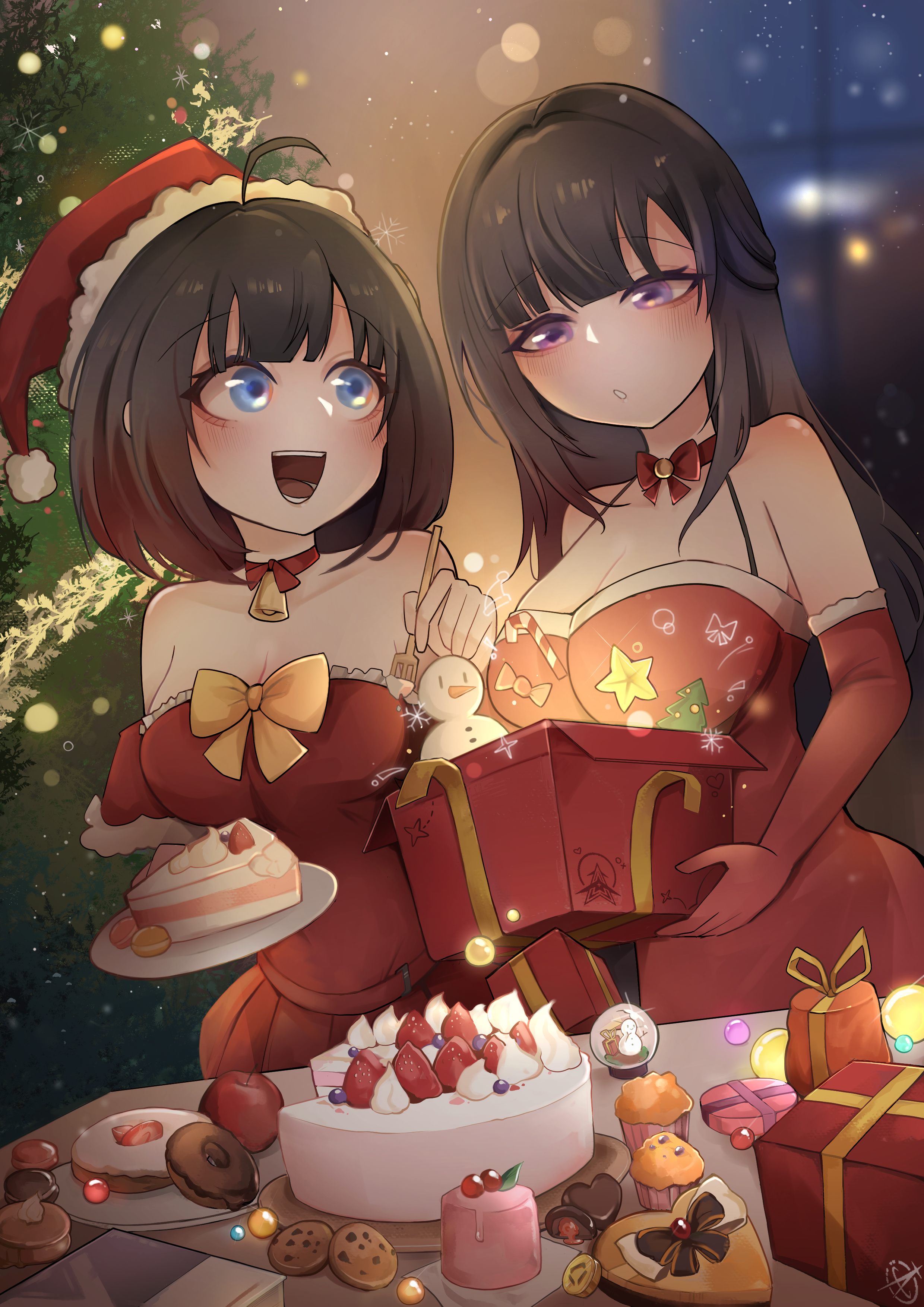 wifi saga, original, starseed: asnia trigger, absurdres, commentary request, highres, 2girls, :d, ahoge, apple, bare shoulders, bell, black hair, blue eyes, bow, breasts, cake, cake slice, christmas, christmas tree, cleavage, cookie, dress, elbow gloves, food, frills, fruit, gift, gloves, gradient hair, hat, heart, holding, indoors, large breasts, long hair, looking at another, multicolored hair, multiple girls, open mouth, purple eyes, red bow, red gloves, red hair, red ribbon, ribbon, santa costume, santa dress, santa hat, sleeveless, smile, snowman, strawberry, table, window