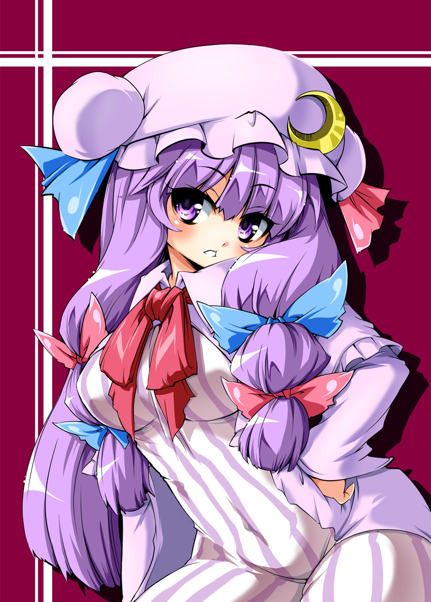 tajima yuuki, patchouli knowledge, touhou, highres, 1girl, breasts, crescent, female focus, groin, hat, large breasts, long hair, purple eyes, purple hair, solo
