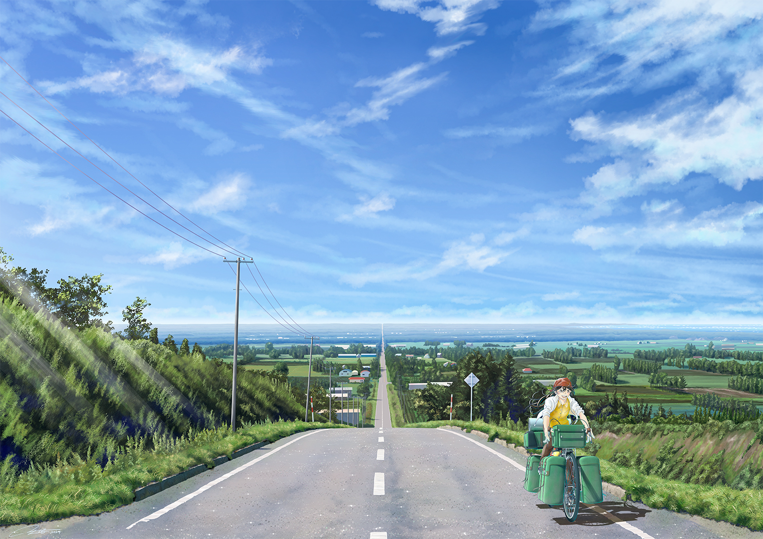 daigo fujiie, original, commentary request, 1girl, bicycle, black hair, blue sky, building, cloud, day, field, hill, hokkaido, horizon, landscape, long hair, open clothes, open mouth, open shirt, outdoors, power lines, real world location, riding, riding bicycle, road, rural, scenery, shadow, shirt, sky, sleeves rolled up, smile, solo, tree, utility pole, vanishing point, white shirt, wide shot, yellow shirt