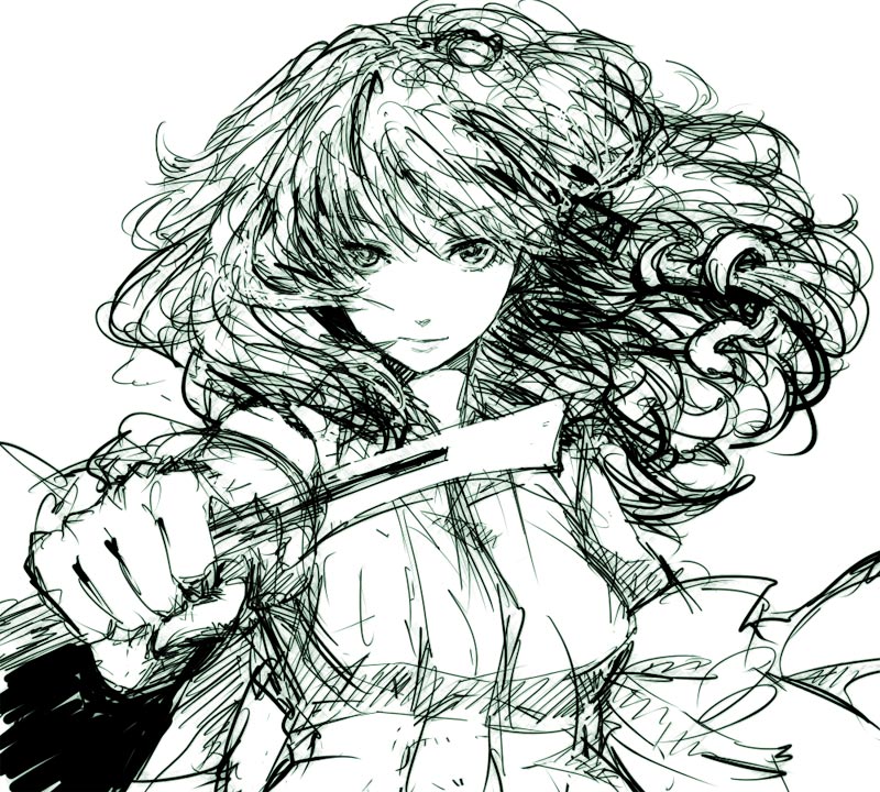 egawa satsuki, kochiya sanae, touhou, 1girl, female focus, foreshortening, green theme, monochrome, sketch, solo