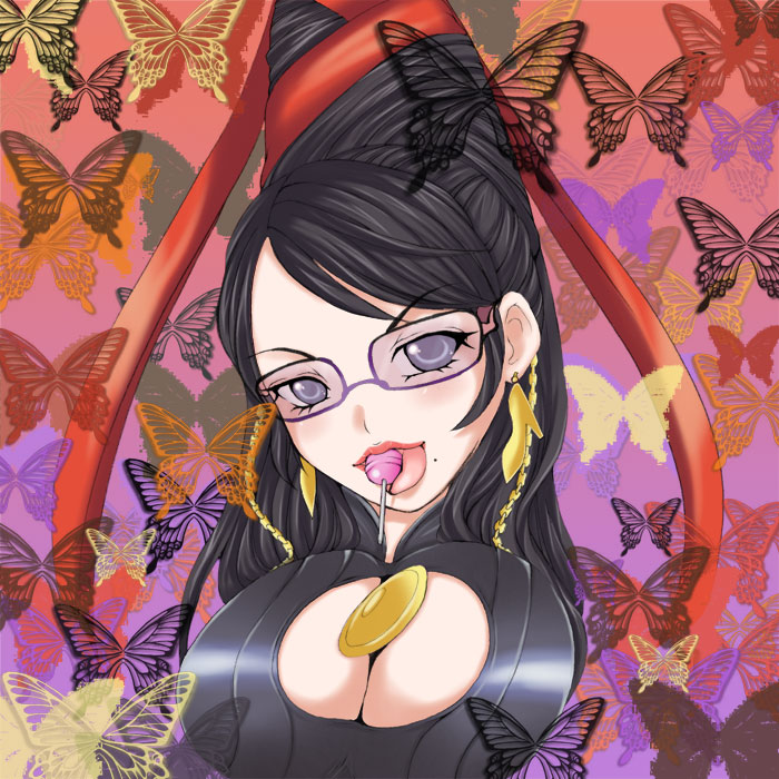 bayonetta, bayonetta (series), bayonetta 1, 1girl, black hair, bodysuit, breasts, bug, butterfly, candy, cleavage, cleavage cutout, clothing cutout, earrings, eyeshadow, female focus, food, glasses, grey eyes, huge breasts, insect, jewelry, lipstick, lollipop, long hair, makeup, mole, solo, tongue, very long hair