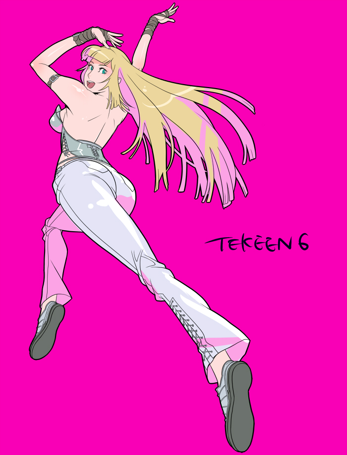 g-room honten, emilie de rochefort, namco, tekken, tekken 5 (dark resurrection), 1girl, ass, backboob, backless outfit, bare back, bare shoulders, blonde hair, blue eyes, breasts, copyright name, denim, fingerless gloves, gloves, green eyes, jeans, jumping, long hair, no socks, pants, simple background, small breasts, smile, typo, wide hips