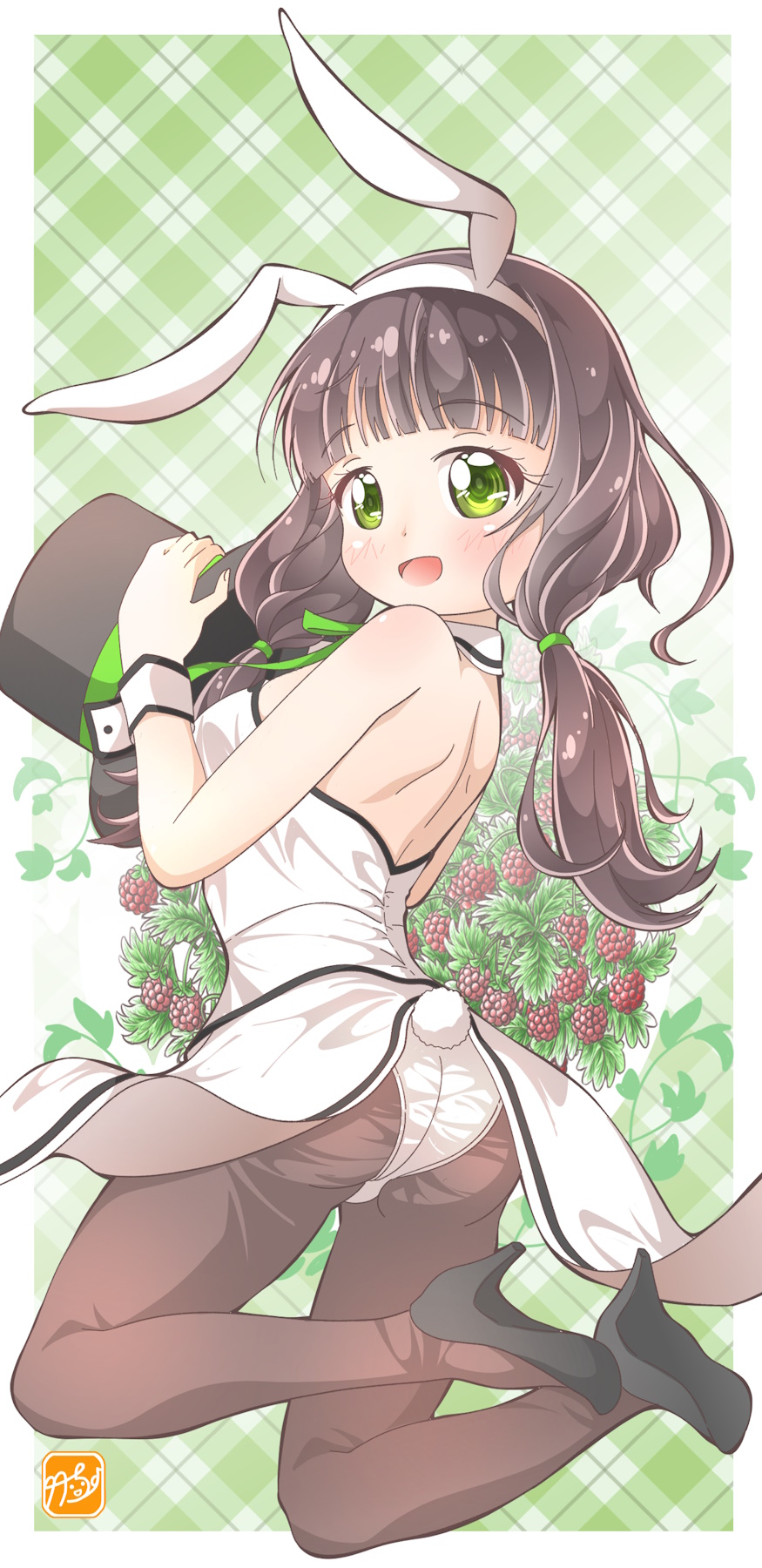takecho, ujimatsu chiya, gochuumon wa usagi desu ka?, commentary request, highres, 1girl, animal ears, blush, brown hair, green background, green eyes, hat, high heels, holding, holding unworn clothes, holding unworn hat, leotard, open mouth, pantyhose, playboy bunny, rabbit ears, rabbit tail, solo, tail, top hat, unworn hat, unworn headwear, white leotard, wrist cuffs