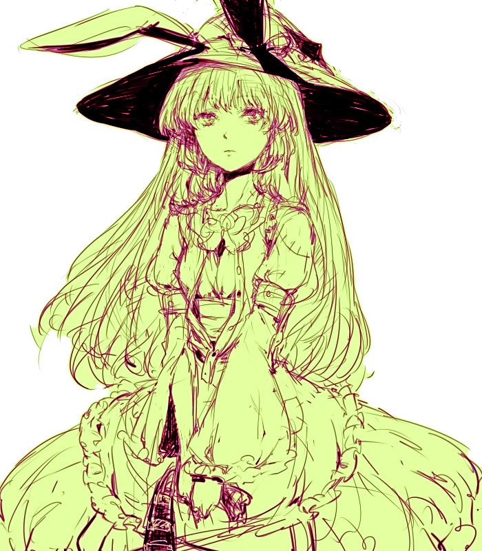 egawa satsuki, irisu kyouko, irisu shoukougun!, character request, 1girl, animal ears, female focus, green theme, hat, long hair, monochrome, rabbit ears, simple background, sketch, solo, white background, witch hat