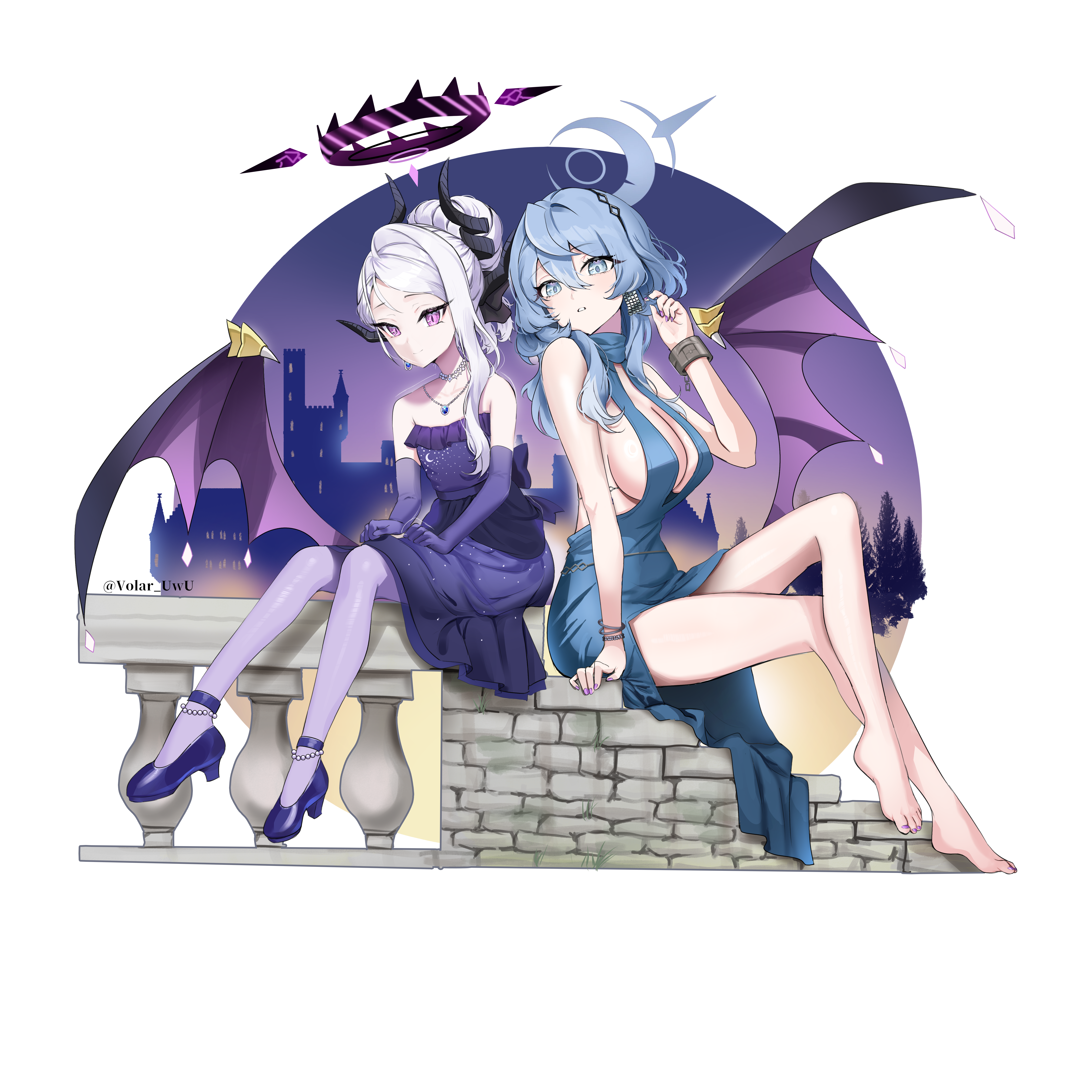 volar uwu, ako (blue archive), ako (dress) (blue archive), hina (blue archive), hina (dress) (blue archive), blue archive, absurdres, commentary, highres, 2girls, black halo, blue dress, blue eyes, blue hair, blush, breasts, castle, demon girl, demon horns, demon wings, dress, elbow gloves, gloves, halo, horns, looking at viewer, low wings, medium hair, multiple girls, pantyhose, purple dress, purple eyes, purple gloves, purple pantyhose, sideboob, sitting, wings
