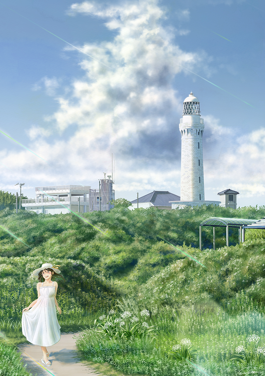 daigo fujiie, original, commentary request, highres, 1girl, :d, arms at sides, bare arms, black hair, blue sky, building, cloud, cloudy sky, cumulonimbus cloud, day, dress, flower, foliage, grass, hat, light rays, lighthouse, medium hair, open mouth, outdoors, path, road, scenery, shadow, skirt hold, sky, sleeveless, sleeveless dress, smile, solo, spaghetti strap, standing, sun hat, sundress, sunlight, walking, white dress, white flower, white hat, wide shot