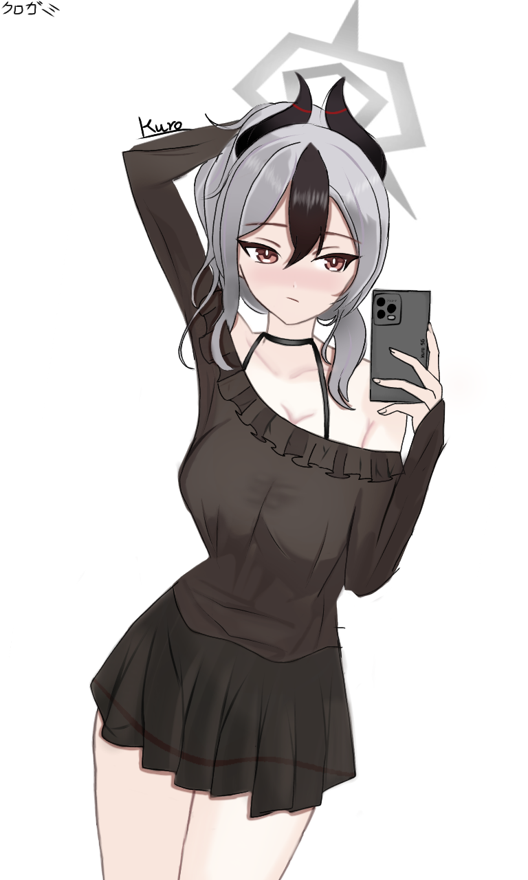 kurogami fuyuki, kayoko (blue archive), blue archive, commentary request, highres, black skirt, collarbone, halo, horns, off shoulder, skirt