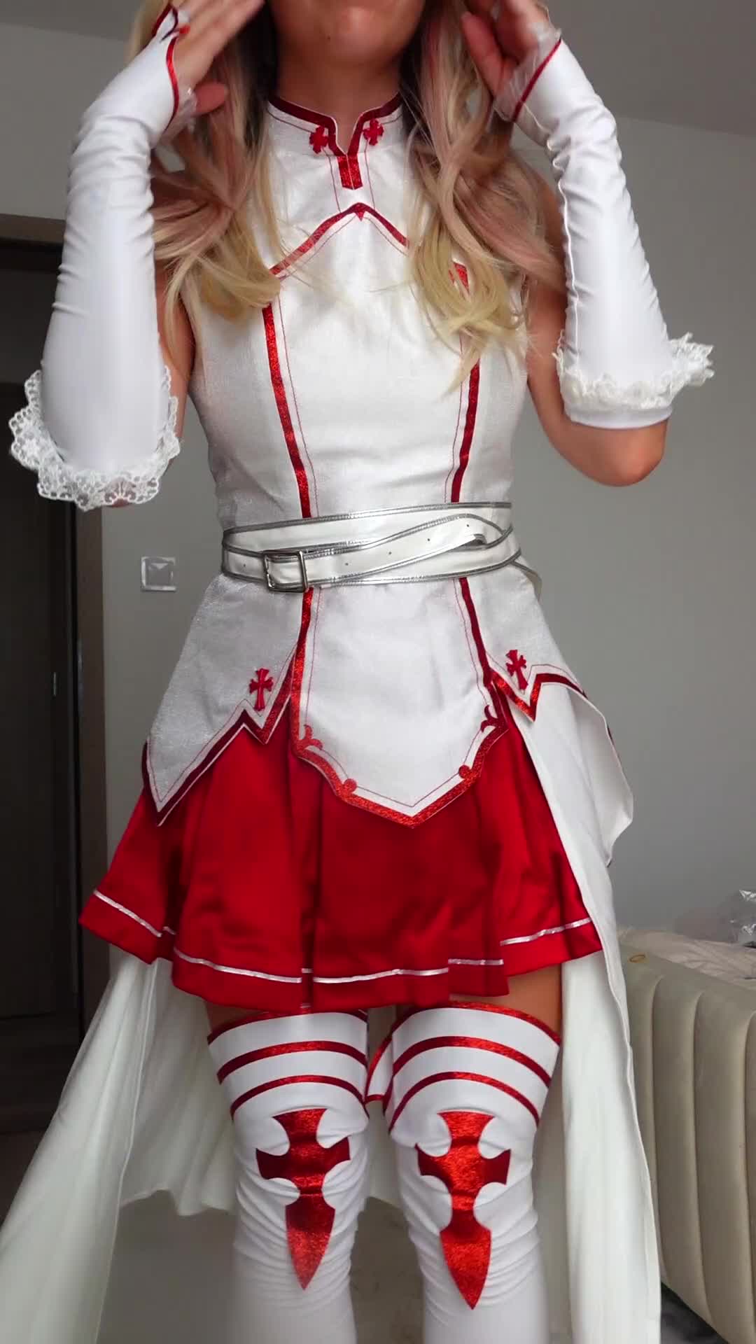 asuna (sao), real life, sword art online, animated, tagme, video, 1girl, armor, asuna (sao) (cosplay), bare shoulders, belt, breastplate, breasts, brown hair, cosplay, detached sleeves, dress, eyes out of frame, female focus, fingernails, head out of frame, indoors, knights of blood uniform (sao), lips, long hair, looking at viewer, maplemistyx, muneate, navel, nipples, nude, pussy, red dress, red skirt, skirt, skirt under dress, small breasts, smile, solo, thighhighs, turtleneck, turtleneck dress, two-tone dress, uncensored, white armor, white belt, white dress, white sleeves, white thighhighs, zettai ryouiki