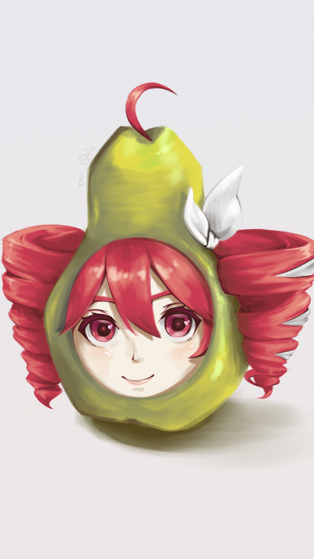 artz only, kasane teto, pearto, vocaloid, commentary, english commentary, highres, 1girl, ahoge, drill hair, food, fruit, hair between eyes, hair ornament, long hair, looking at viewer, meme, pear, red eyes, red hair, simple background, smile, twin drills