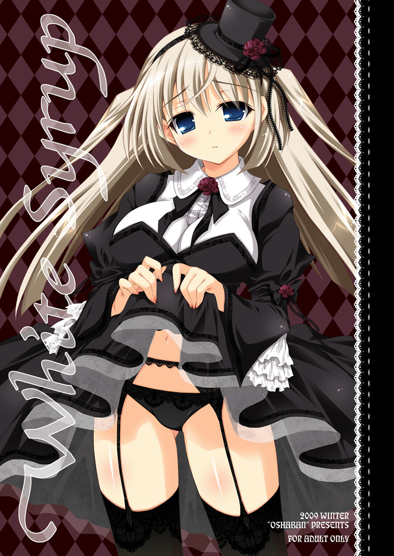 sasahiro, original, 1girl, black panties, blonde hair, blue eyes, blush, breasts, clothes lift, female focus, flower, frills, garter belt, hat, long hair, navel, panties, ribbon, skirt, skirt lift, solo, thighhighs, twintails, underwear, upskirt