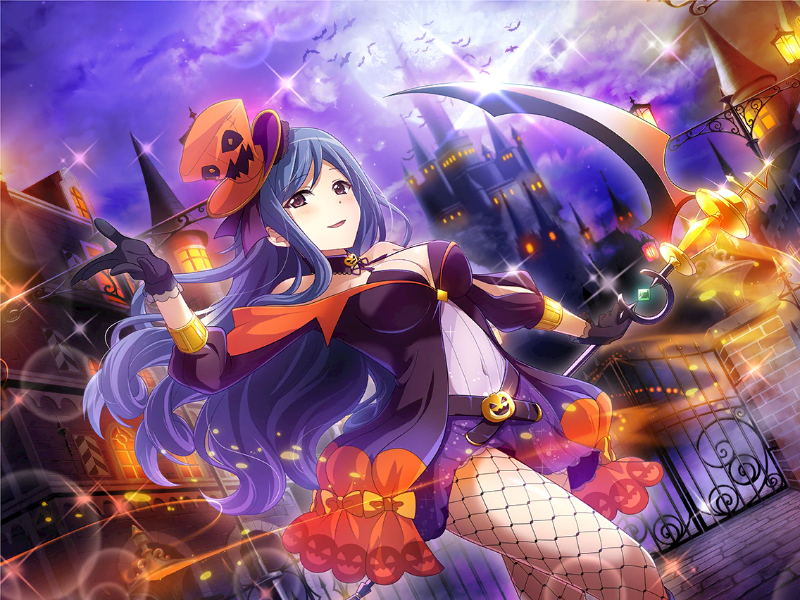 kochou shizuha, shoujo kageki revue starlight, shoujo kageki revue starlight -re live-, game cg, official art, 1girl, bat (animal), black gloves, breasts, brick, building, cleavage, covered navel, dutch angle, fishnet pantyhose, fishnets, gloves, halloween, halloween costume, hand up, hat, holding, holding scythe, jacket, large breasts, long hair, long sleeves, looking at viewer, orange hat, pantyhose, parted lips, pavement, purple eyes, purple hair, purple jacket, purple skirt, scythe, sideways hat, skirt, solo, upper body