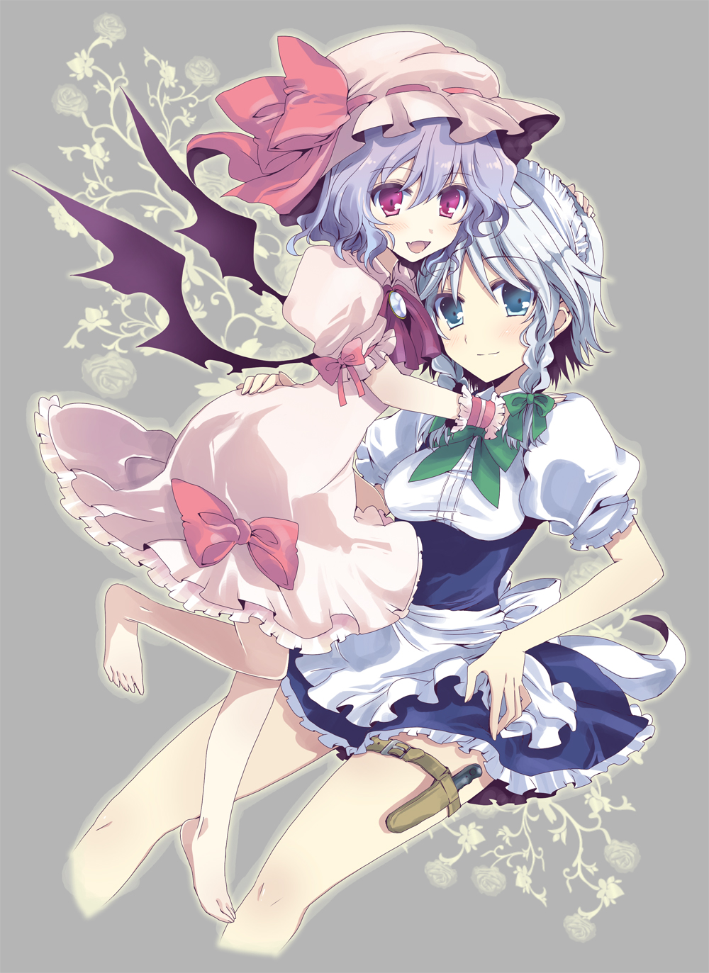 nakayama miyuki, izayoi sakuya, remilia scarlet, touhou, light purple hair, silver hair, bad id, bad pixiv id, highres, 2girls, arm behind head, barefoot, bat wings, blue eyes, braid, brooch, fang, feet, female focus, hat, hug, jewelry, knife, maid, multiple girls, open mouth, red eyes, short hair, simple background, smile, thigh strap, throwing knife, twin braids, weapon, wings, wrist cuffs