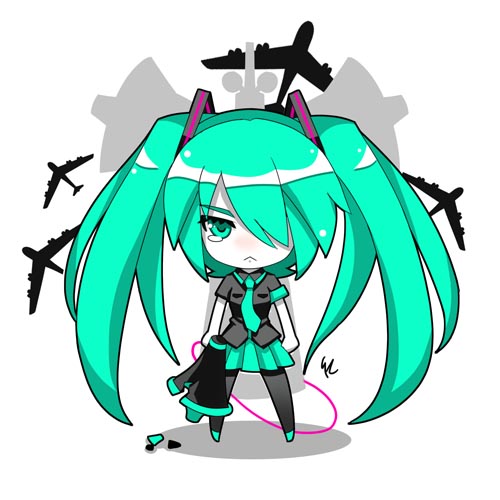 kaizeru, hatsune miku, koi wa sensou (vocaloid), vocaloid, lowres, 1girl, :<, b-52 stratofortress, chibi, female focus, green eyes, green hair, hair over one eye, heavy bomber, long hair, matching hair/eyes, megaphone, necktie, pantyhose, penetrator (aircraft), penetrator aircraft, skirt, solo, strategic bomber, tears, twintails, white background